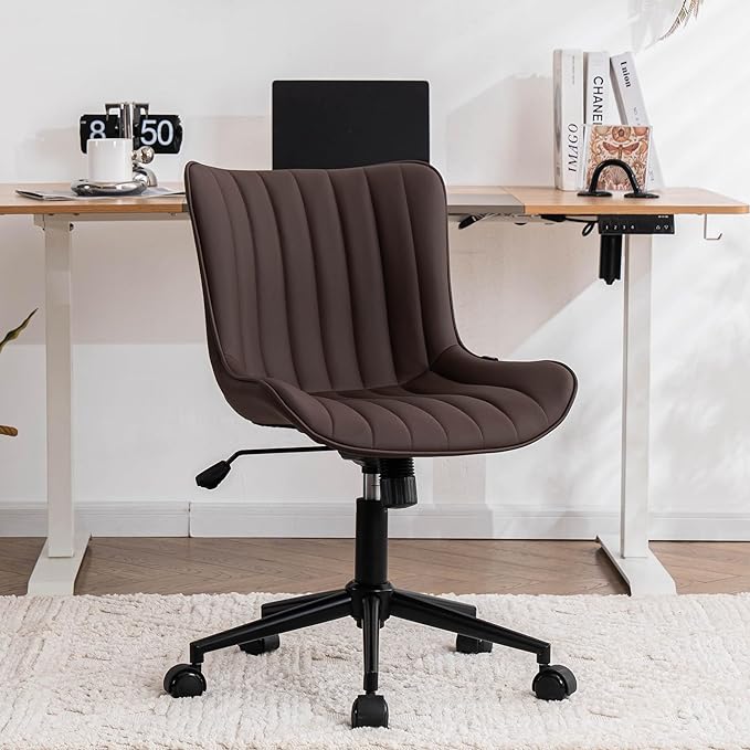 YOUNIKE Armless Office Chair with Wheels Swivel Rolling Desk Chair Leather Upholstered Adjustable Computer Task Chair Modern Rocking Recline Gaming Chair Brown - LeafyLoom