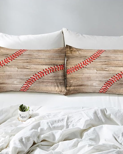 Erosebridal Baseball Bedding Set for Kids Boys Teens Full,Sports Games Comforter Set Retro Rustic Wooden Board Quilt Duvet Sets American Baseball Country Down Comforter with 2 Pillow Cases - LeafyLoom