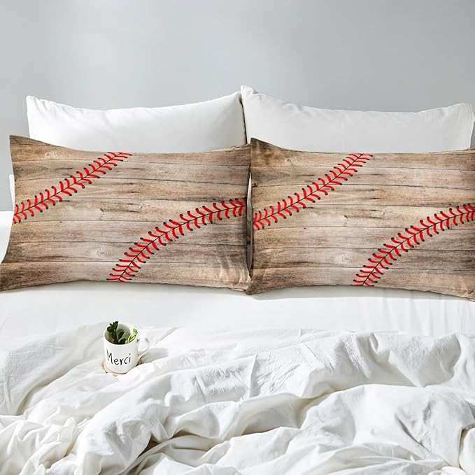 Erosebridal Baseball Bedding Set for Kids Boys Teens Full,Sports Games Comforter Set Retro Rustic Wooden Board Quilt Duvet Sets American Baseball Country Down Comforter with 2 Pillow Cases - LeafyLoom