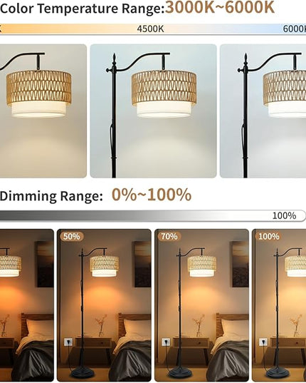 Frideko Rattan Floor Lamp with Remote Control & Dimmable LED Bulb, Boho Standing Lamp with 3 Color Temperatures, Bright Farmhouse Floor Light, Rustic Corner Floor Lamp, Tall Floor Lamp for Living Room - LeafyLoom