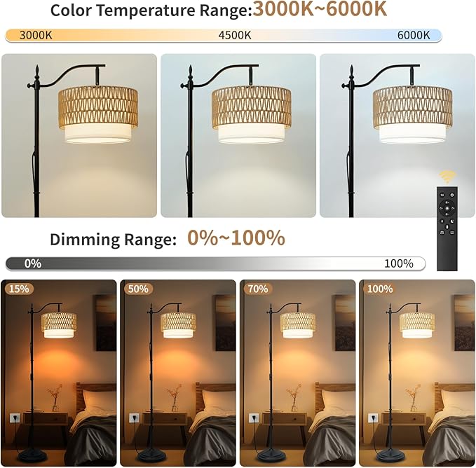 Frideko Rattan Floor Lamp with Remote Control & Dimmable LED Bulb, Boho Standing Lamp with 3 Color Temperatures, Bright Farmhouse Floor Light, Rustic Corner Floor Lamp, Tall Floor Lamp for Living Room - LeafyLoom