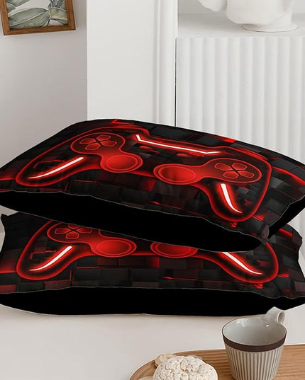 Axolotl Gamepad Comforter Set Full Size,Red Grid Print Bedding Set,Boys Gaming Console Comforter Set,Video Gaming controller Bedding Set for Teens Men Adults,1 Quilt 2 Pillowcases,Red Black - LeafyLoom