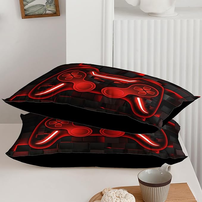 Axolotl Gamepad Comforter Set Queen Size,Red Grid Print Bedding Set,Boys Gaming Console Comforter Set,Video Gaming controller Bedding Set for Teens Men Adults,1 Quilt 2 Pillowcases,Red Black - LeafyLoom