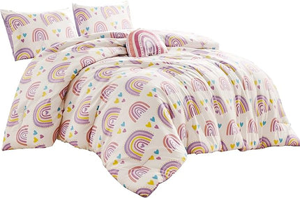 for Kids Rainbow Hearts 4-Piece Comforter Set - Beautiful Motif Design Bedding Set with Embrodery Print - LeafyLoom