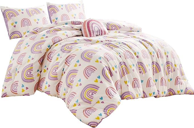 for Kids Rainbow Hearts 4-Piece Comforter Set - Beautiful Motif Design Bedding Set with Embrodery Print - LeafyLoom