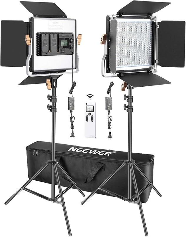Neewer 2 Packs Advanced 2.4G 480 LED Video Light Photography Lighting Kit with Bag, Dimmable Bi-Color LED Panel with 2.4G Wireless Remote, LCD Screen and Light Stand for Portrait Product Photography Neewer