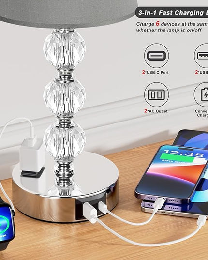 Acaxin Lamps for Bedrooms Set of 2 Nightstand- Crystal Table Lamps with USB C+A Ports & AC Outlet for Charging, 3 Way Dimmable Touch Silver Small Bed Side Table Lamp for Living Room/Guest Room - LeafyLoom