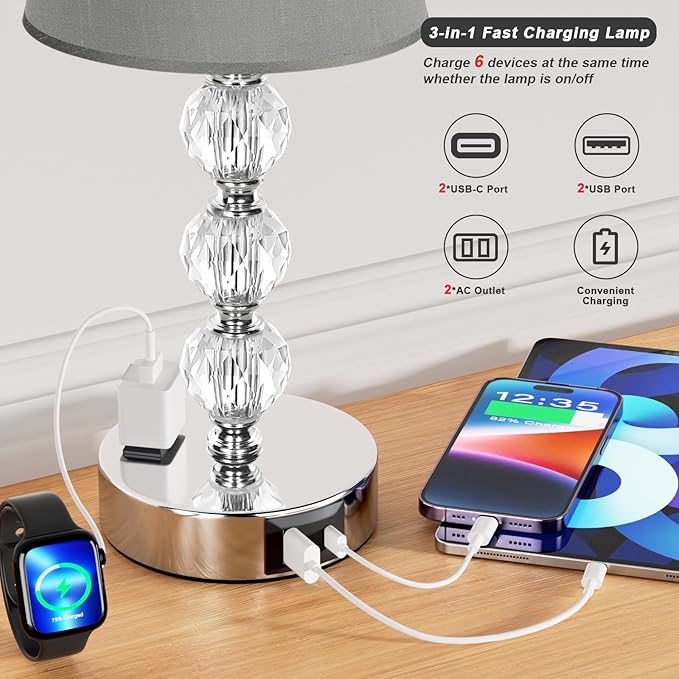 Acaxin Lamps for Bedrooms Set of 2 Nightstand- Crystal Table Lamps with USB C+A Ports & AC Outlet for Charging, 3 Way Dimmable Touch Silver Small Bed Side Table Lamp for Living Room/Guest Room - LeafyLoom