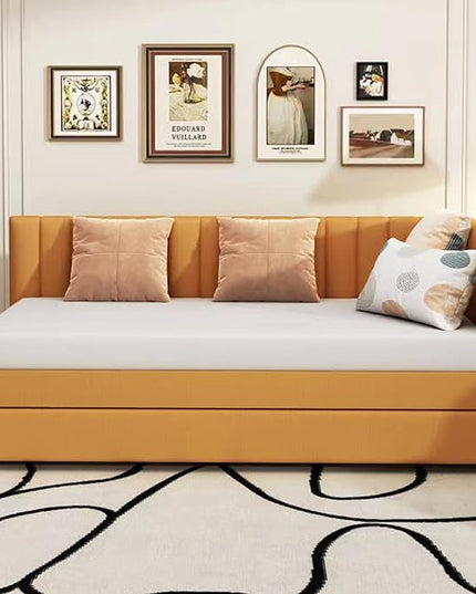 Merax Twin Size Daybed with Trundle, Linen Upholstered Sofa, Solid Wood Slats Support Wooden Day Bed Frame for Living Room, Apartment, Small Spaces, No Box Spring Needed, Yellow - LeafyLoom