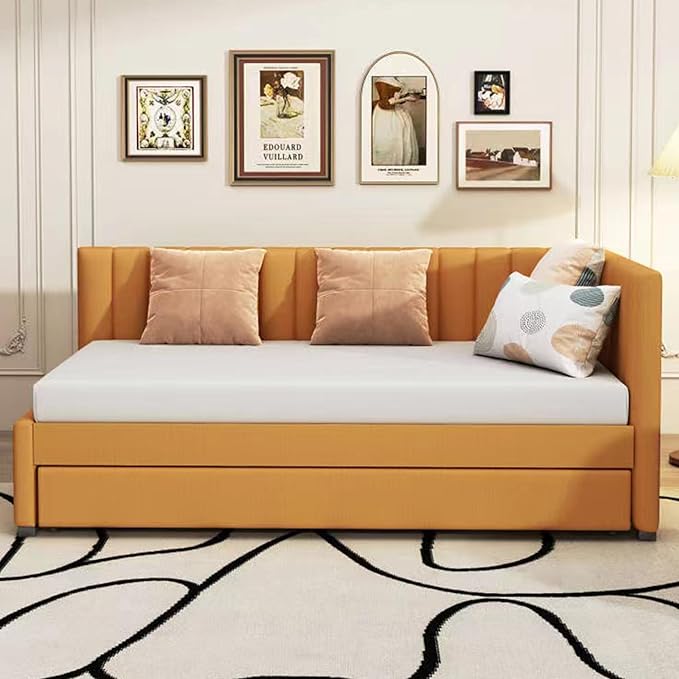Merax Twin Size Daybed with Trundle, Linen Upholstered Sofa, Solid Wood Slats Support Wooden Day Bed Frame for Living Room, Apartment, Small Spaces, No Box Spring Needed, Yellow - LeafyLoom