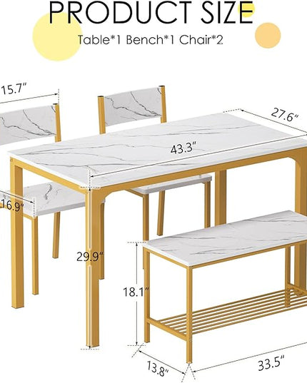 sogesfurniture 4 Piece Dining Table Set, Dining Table Set for 4, Kitchen Dinner Table with Benches for 4, includes Table, 2 Chairs & Bench, White Gold - LeafyLoom