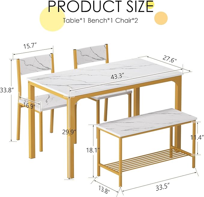 SogesPower Dining Table Set for 4, Kitchen Dining Table Set with 2 Chairs and 1 Bench, 4-Piece Kitchen Table Set for Dining Room Restaurant Small Space, Gold - LeafyLoom