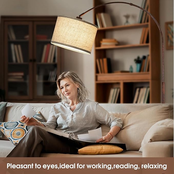 Dimmable Arc Floor Lamps for Living Room, Mid Century Floor Lamp, Antique Bronze Standing Lamp with Adjustable Hanging Shade, Tall Pole Lamp Reading Light for Bedroom, Over Couch, 9W LED Bulb Included - LeafyLoom