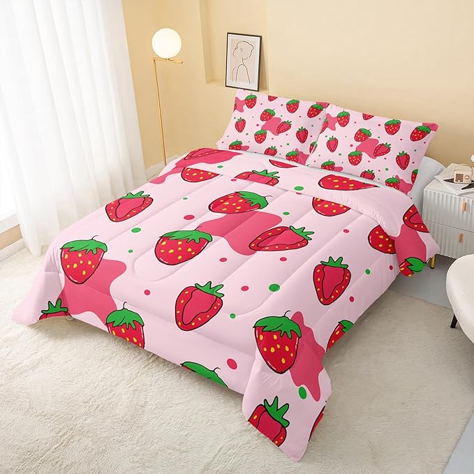 Kawaii Comforter Twin,Pink Strawberry Comforter Set for Kids Teens Girls,3Pcs Bedding Set Printed Comforter with 2 Pillowcases,Down Alternative,Soft and Lightweight，Twin Size - LeafyLoom