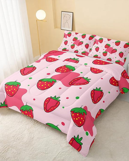 Kawaii Comforter Queen,Pink Strawberry Comforter Set for Kids Teens Girls,3Pcs Bedding Set Printed Comforter with 2 Pillowcases,Down Alternative,Soft and Lightweight，Queen Size - LeafyLoom