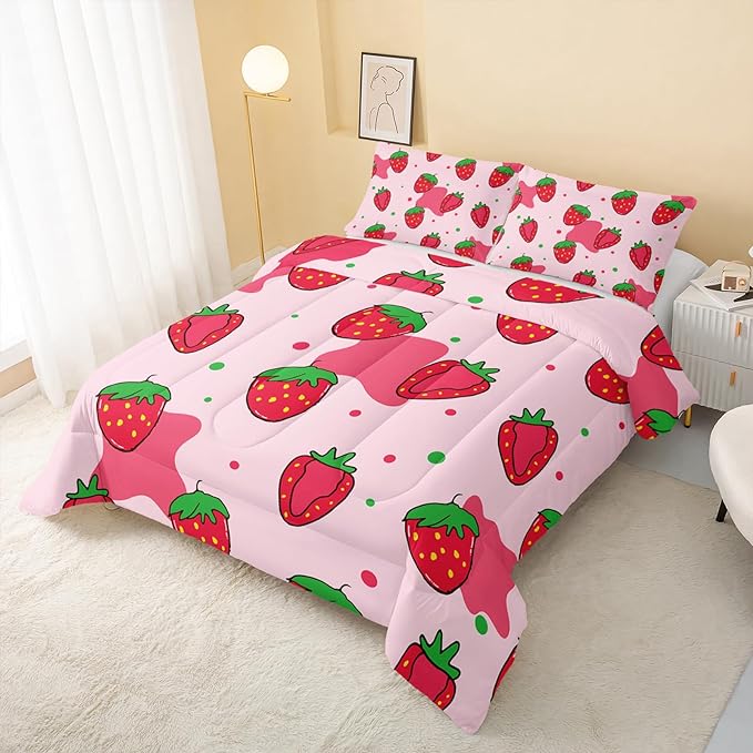 Kawaii Comforter Queen,Pink Strawberry Comforter Set for Kids Teens Girls,3Pcs Bedding Set Printed Comforter with 2 Pillowcases,Down Alternative,Soft and Lightweight，Queen Size - LeafyLoom