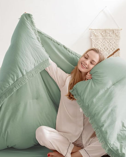 Andency Sage Green Tassel Comforter Set Full(79x90Inch), 3 Pieces(1 Fringe Comforter, 2 Pillowcases) Boho Farmhouse Shabby Chic , Microfiber Lightweight Bedding Set - LeafyLoom