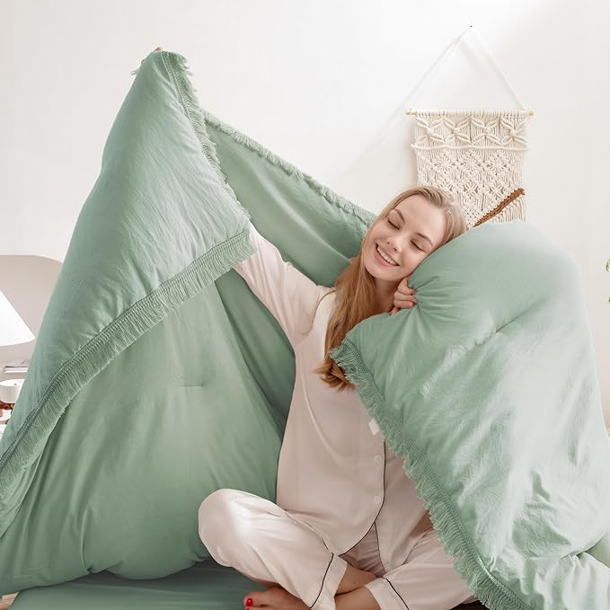 Andency Sage Green Tassel Comforter Set Full(79x90Inch), 3 Pieces(1 Fringe Comforter, 2 Pillowcases) Boho Farmhouse Shabby Chic , Microfiber Lightweight Bedding Set - LeafyLoom