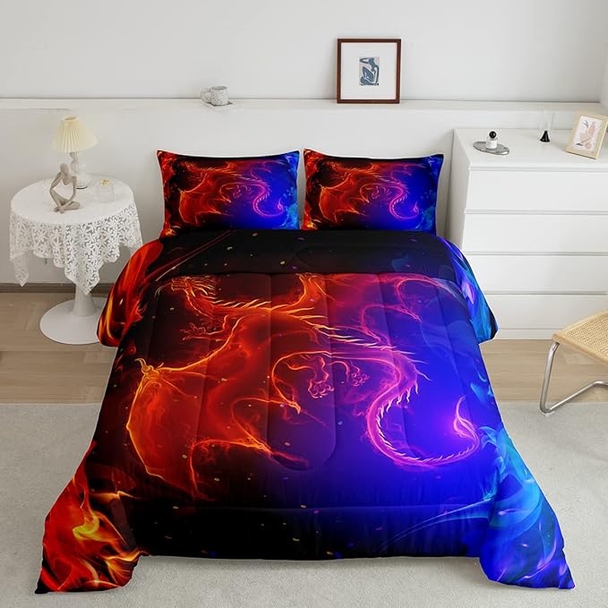 Erosebridal Dragon Comforter Set Nebula Bedding Set Twin Size Mysterious Outer Space Quilted Duvet Trippy Duvet Set for Kids Boys Girls Teens Young Man Room Decorative, Blue Red - LeafyLoom