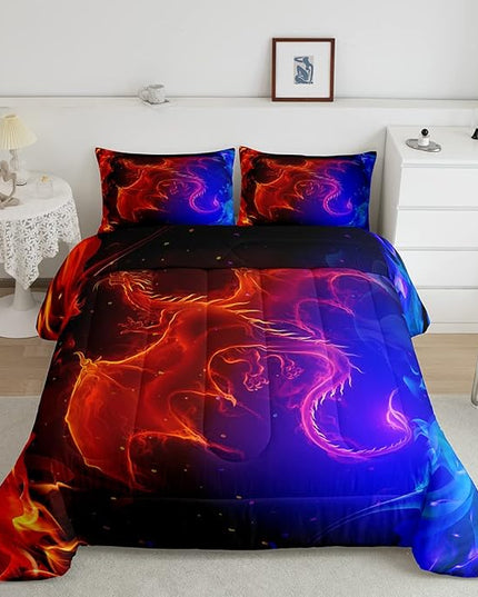 Erosebridal Dragon Comforter Set Nebula Bedding Set Queen Size Mysterious Outer Space Quilted Duvet Trippy Duvet Set for Kids Boys Girls Teens Young Man Room Decorative, Blue Red - LeafyLoom