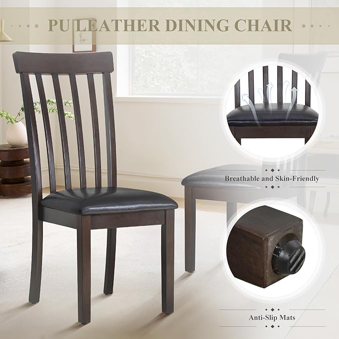 COLAMY Wooden Dining Chairs Set of 6, PU Leather Dining Room Kitchen Side Chair with Spindle High Back and Adjustable Foot Pegs - DarkBrown - LeafyLoom
