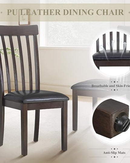 COLAMY Wooden Dining Chairs Set of 2, PU Leather Dining Room Kitchen Side Chair with Spindle High Back and Adjustable Foot Pegs - DarkBrown - LeafyLoom