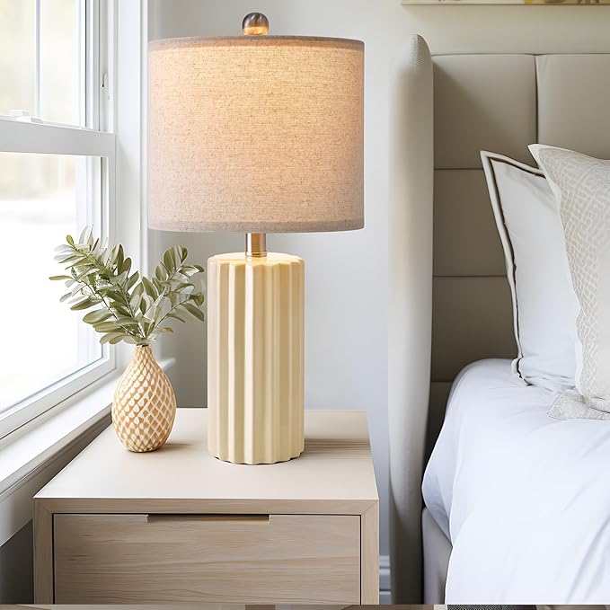 Oneach 21'' Farmhouse Ceramic Table Lamp Set of 2 for Bedroom Living Room House Decor Off-White Desk Lamps Home Office Dorm Rustic Modern Style Lamp - LeafyLoom