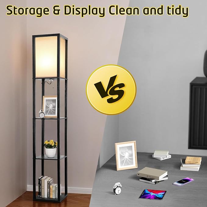 Shelf Floor Lamp, Shelves Floor Lamp for Living Room Bedroom, 4-Tier Modern Shelf Floor Lamp with 3CCT LED Blub(Black) - LeafyLoom