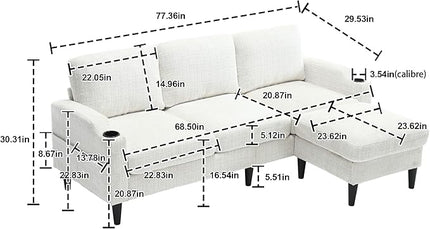 77.36" Modern Chenelle Polyester Sectional Sofa,L-Shaped Couch with Storage Ottoman,3 Seat Interior Furniture W/Pockets and Both Armrests Contain Cup Holders,for Dorm,Apartment,Studio,Beige - LeafyLoom
