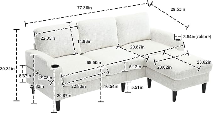 77.36" Modern Chenelle Polyester Sectional Sofa,L-Shaped Couch with Storage Ottoman,3 Seat Interior Furniture W/Pockets and Both Armrests Contain Cup Holders,for Dorm,Apartment,Studio,Beige - LeafyLoom