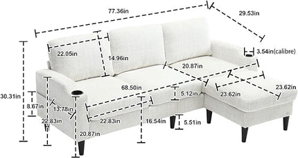 Convertible Sectional Sofa with Movable Storage Ottoman and Cupholders, 3 Seater L-Shaped Corner Couch,Chenille Upholstered Furniture w/Detachable Thicked Cushions for Living Room, Small Space - LeafyLoom
