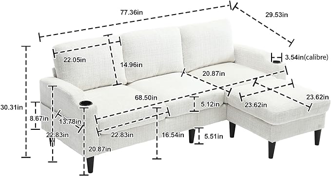 Convertible Sectional Sofa with Movable Storage Ottoman and Cupholders, 3 Seater L-Shaped Corner Couch,Chenille Upholstered Furniture w/Detachable Thicked Cushions for Living Room, Small Space - LeafyLoom