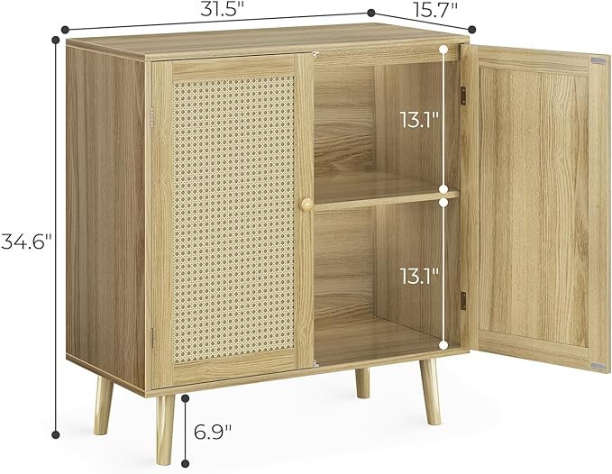 Buffet Cabinet with Storage, Storage Cabinet with PE Rattan Decor Doors, Accent Cabinet with Solid Wood Feet, Sideboard Cabinet for Hallway, Entry, Living Room, Natural - LeafyLoom