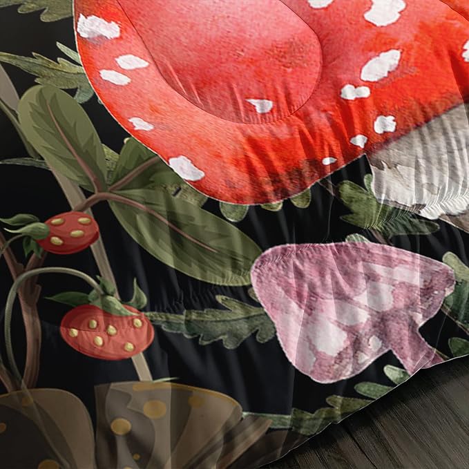 Red Mushroom Kawaii Comforter Set Queen Size Kids Mushroom Dragonfly Bedding Set Botanical Plant Theme Print Quilt Bed Set for Boys Girls Adults with 1 Comforter and 2 Pillowcases - LeafyLoom