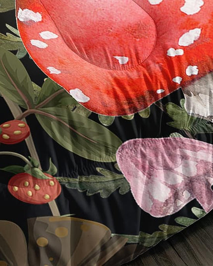 Red Mushroom Kawaii Comforter Set Full Size Kids Mushroom Dragonfly Bedding Set Botanical Plant Theme Print Quilt Bed Set for Boys Girls Adults with 1 Comforter and 2 Pillowcases - LeafyLoom