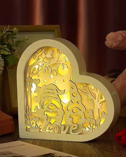 Valentine's Day LED Wooden Heart Light Sign 7 inch Light Up Heart Table Block Love Wood Lantern Shadow Box Gnome Shaped Tabletop Centerpiece for Wedding Engagement Shelf Desk Decoration - LeafyLoom