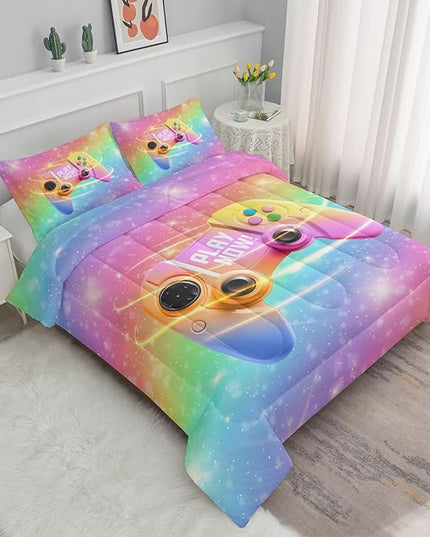 Datura home Bedding Comforter Set Rainbow Gamepad Printed Pattern Quilt with 1 and 2 Pillowcases for Girls Bedroom All Season(Rainbow Queen) Queen 90x90inches - LeafyLoom