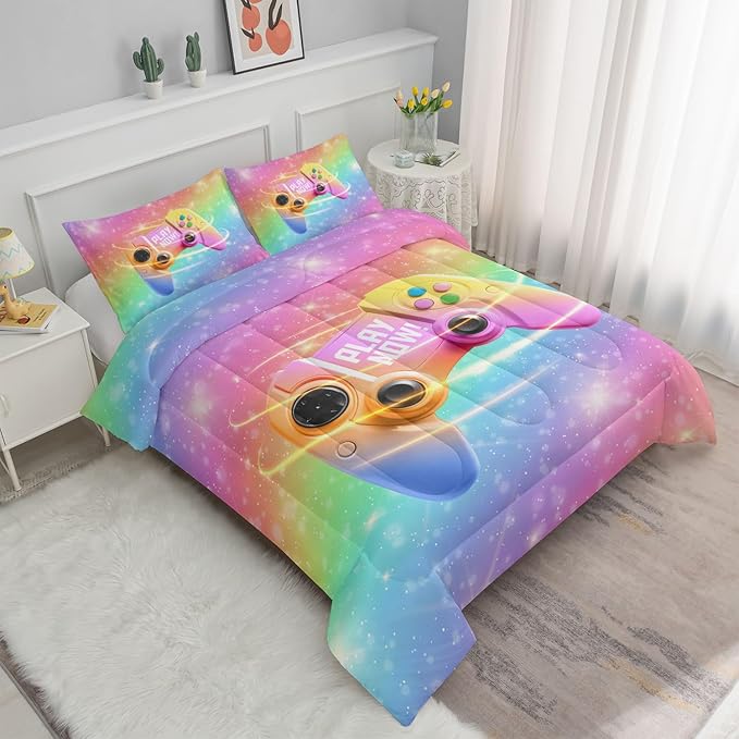 Datura home Bedding Comforter Set Rainbow Gamepad Printed Pattern Quilt with 1 and 2 Pillowcases for Girls Bedroom All Season(Rainbow Twin) Twin 68x86inches - LeafyLoom