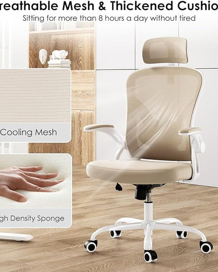 Farini Ergonomic Office Chair, Home Office Desk Chair with Headrest, High Back Computer Chair with Flip-up Armrests and Adjustable Lumbar Support for Home Office Study Room Bedroom, Khaki. - LeafyLoom