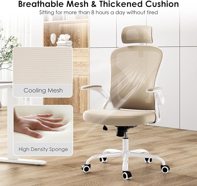 Farini Ergonomic Office Chair, Home Office Desk Chair with Headrest, High Back Computer Chair with Flip-up Armrests and Adjustable Lumbar Support for Home Office Study Room Bedroom, Khaki. - LeafyLoom