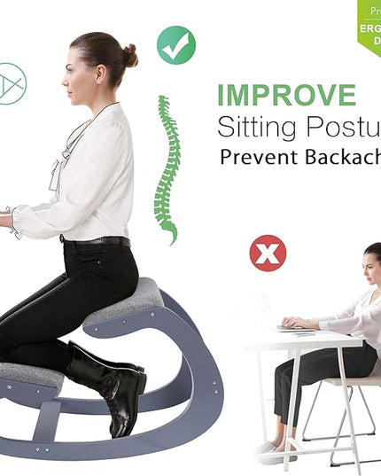 Ergonomic Kneeling Chair for Upright Posture - Rocking Chair Knee Stool for Home, Office & Meditation - Wood & Linen Cushion - Relieving Back and Neck Pain & Improving Posture (Grey) - LeafyLoom