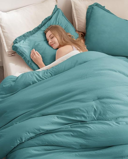 Andency Aqua Tassel Comforter Set Full(79x90Inch), 3 Pieces(1 boho Comforter, 2 Pillowcases) Farmhouse Shabby Chic Comforter Set, Soft Microfiber Lightweight Fringe Bedding Comforter Set - LeafyLoom