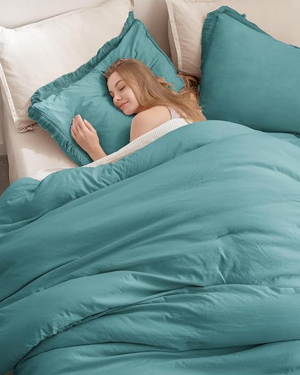 Andency Aqua Tassel Comforter Set Queen(90x90Inch), 3 Pieces(1 boho Comforter, 2 Pillowcases) Farmhouse Shabby Chic Comforter Set, Soft Microfiber Lightweight Fringe Bedding Comforter Set - LeafyLoom
