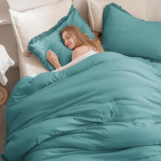 Andency Aqua Tassel Comforter Set Queen(90x90Inch), 3 Pieces(1 boho Comforter, 2 Pillowcases) Farmhouse Shabby Chic Comforter Set, Soft Microfiber Lightweight Fringe Bedding Comforter Set - LeafyLoom