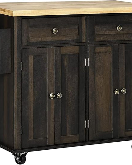HOMCOM Kitchen Island on Wheels, Rolling Cart with Rubberwood Top, Spice Rack, Towel Rack and Drawers for Dining Room, Brown Oak - LeafyLoom