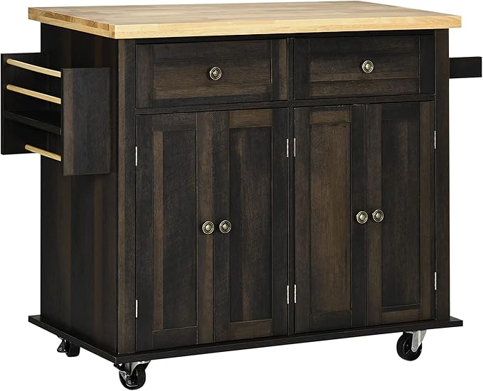 HOMCOM Kitchen Island on Wheels, Rolling Cart with Rubberwood Top, Spice Rack, Towel Rack and Drawers for Dining Room, Brown Oak - LeafyLoom