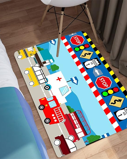 Cartoon Ambulance Car Area Rug Car Carpet for Kids Play Rug for Cars and Trucks Car Rug Play Mat Car Track Rug Truck Rugs for Boys Room Rugs for Boys Bedroom,Light Blue 2'×3' - LeafyLoom