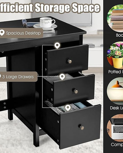 3-Drawer Computer Desk, Black - LeafyLoom