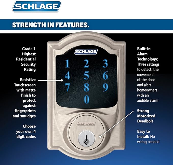 SCHLAGE Connect Camelot Touchscreen Deadbolt with Built-In Alarm and Handleset Grip with Accent Lever, Satin Nickel, FE469NX ACC 619 CAM LH, Works with Alexa SchlageLockCompany