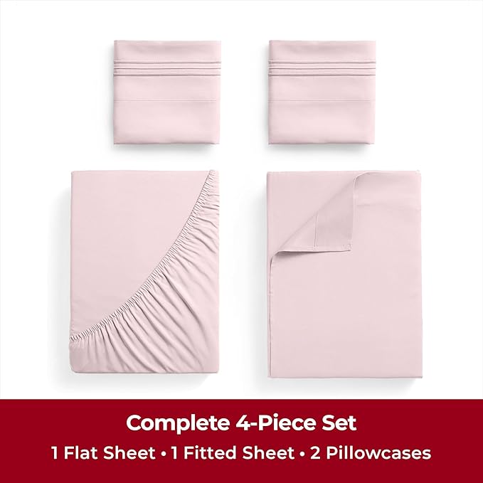 Mellanni Twin XL Sheets Set - 4 Piece Iconic Collection Bedding Sheets & Pillowcases - Soft, Cooling Bed Sheets - Deep Pocket up to 16 inch - 4 PC (Twin Extra Long, Blush Pink w/Extra Pillow Case) - LeafyLoom